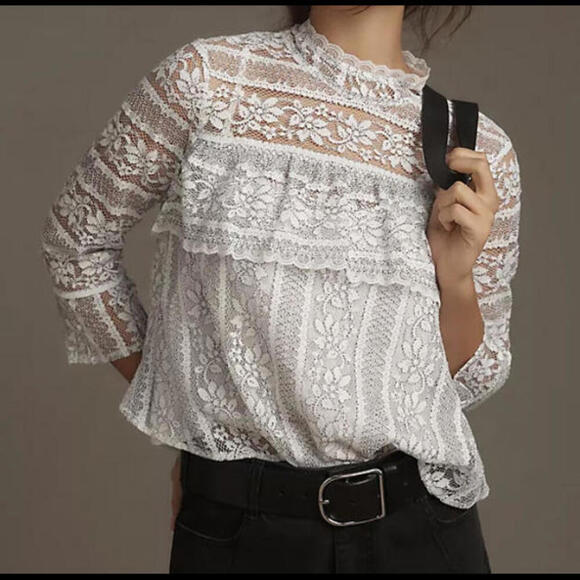 Anthropologie Tops - ANTHROPOLOGIE white and black lace long sleeve blouse